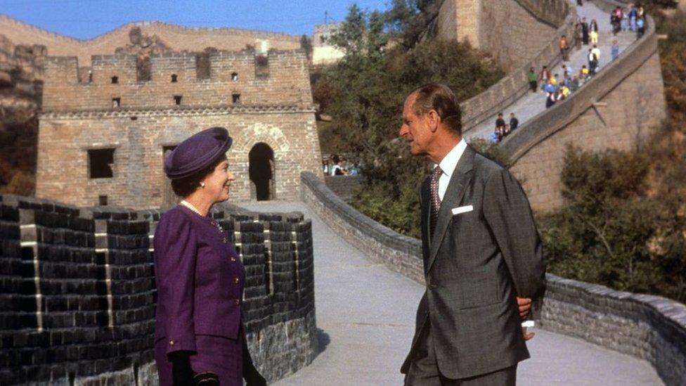 Queen Elizabeth II and the Duke of Edinburgh at the Bedaling Pass, on the Great Wall of China, on the third day of their State Visit to China in 1986