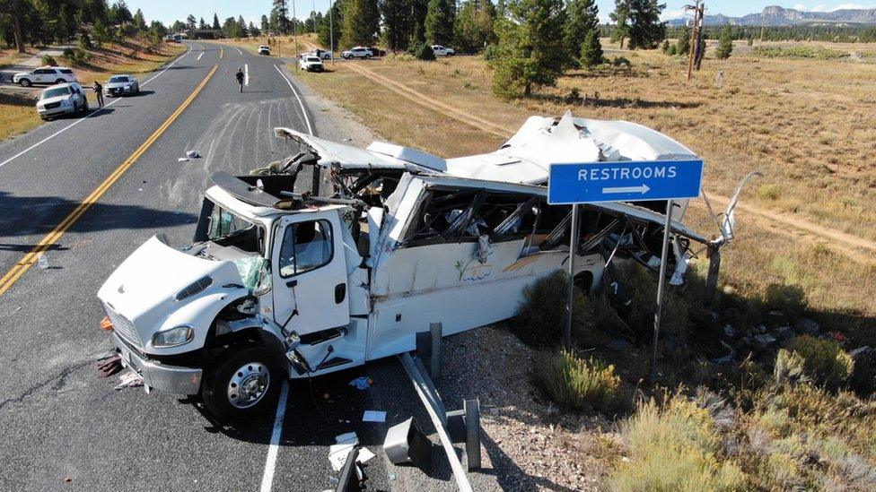 The aftermath of a tourist bus crash in Utah, September 2019