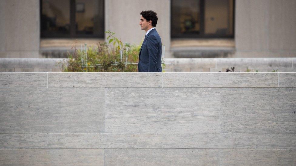 Prime Minister of Canada Justin Trudeau departs a press availability at the Canadian Embassy in Washington