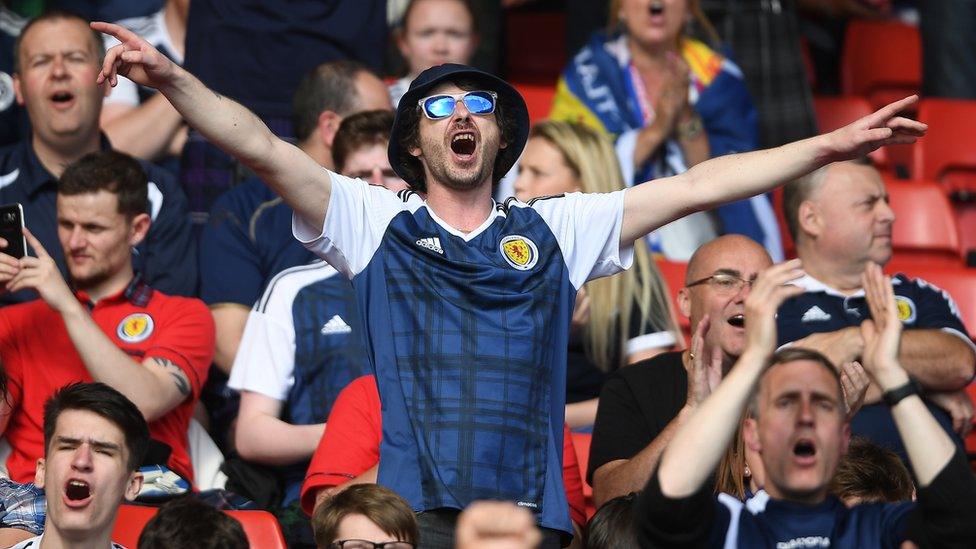 A happy Scottish fan during the FIFA 2018 World Cup Qualifier between Scotland and England at Hampden Park