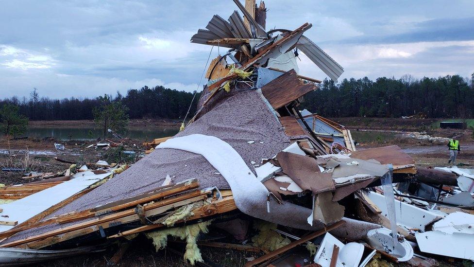 The remains of a destroyed building is seen in Bossier Parish, Louisiana