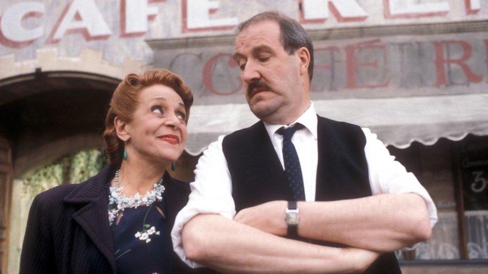 Carmen Silvera as Edith Melba Artois and Gorden Kaye as René Artois in series seven of the comedy sitcom 'Allo Allo