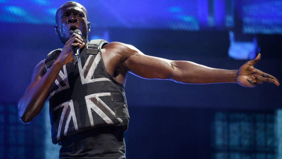 Stormzy performs in the headline slot on the Pyramid Stage at Glastonbury.