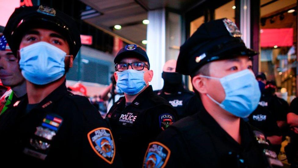 NYPD officers stand guard during a protest to demand justice for Daniel Prude, on September 3, 2020 in New York City.