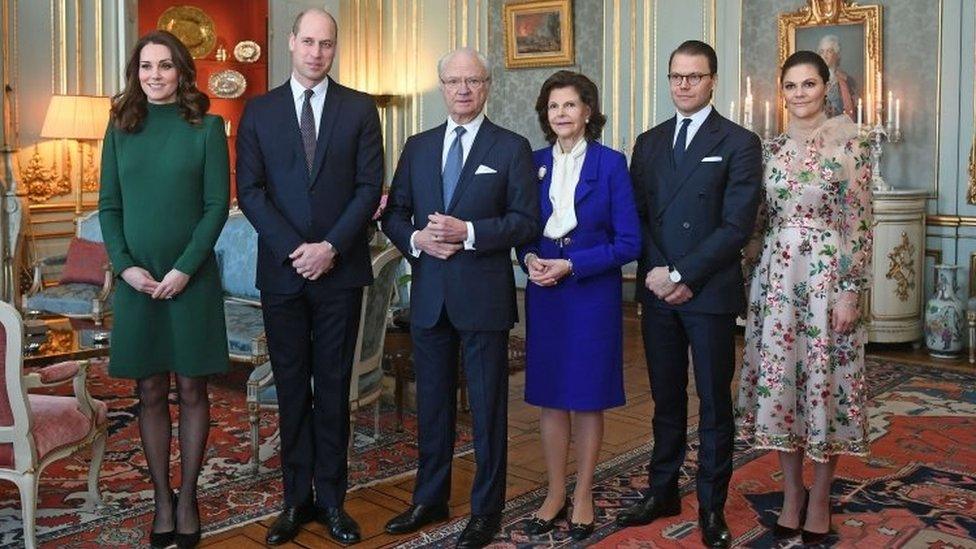 The Duke and Duchess of Cambridge are greeted by King Carl XVI Gustaf, Queen Silvia of Sweden, Prince Daniel and Victoria, Crown Princess of Sweden