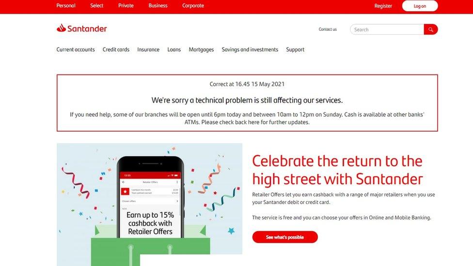 Santander displayed a warning message on its site