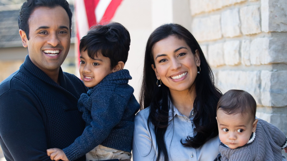 Mr Ramaswamy with his family in a campaign photo