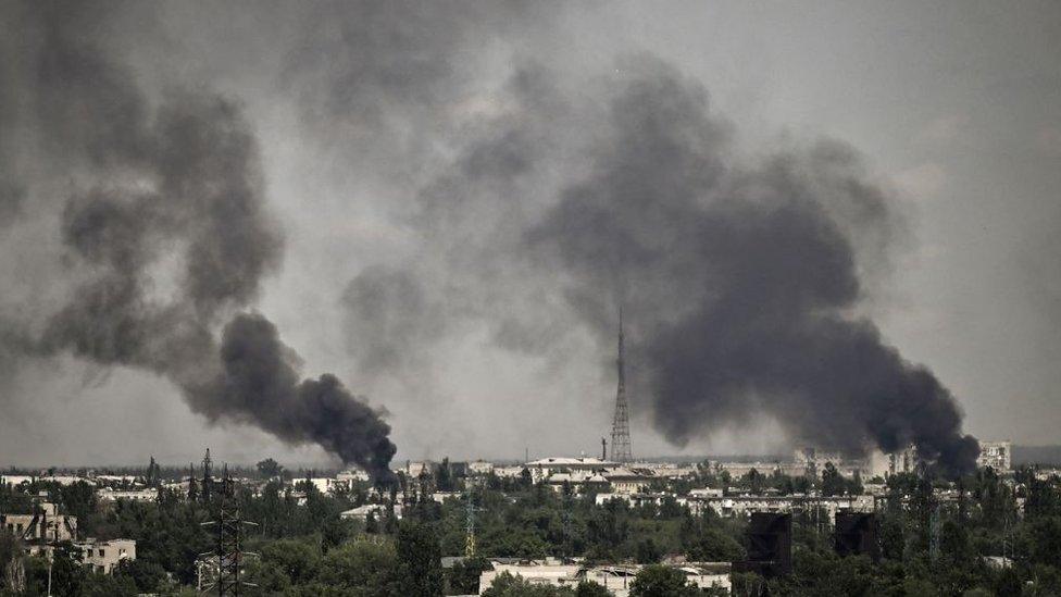 Smoke rises over Severdonetsk, in Ukraine's Luhansk region