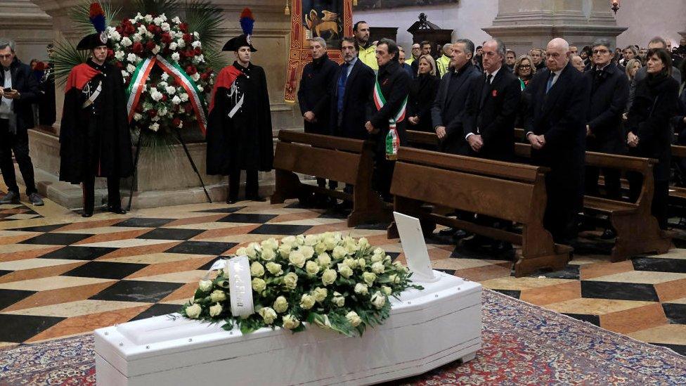 The coffin of Giulia Cecchettin is seen during the funeral ceremony in Padua, on December 5, 2023.