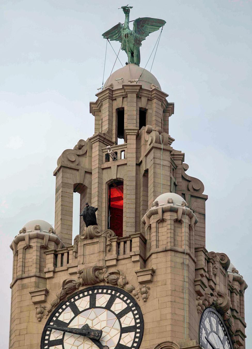 Rehearsals for The Batman on the Liver Building in Liverpool