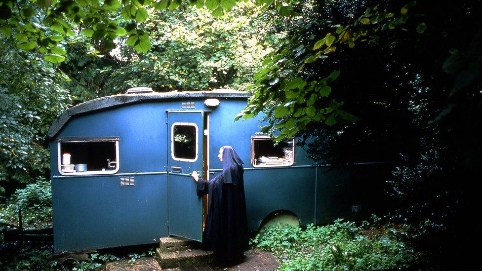 Sister Wendy Beckett at her hermitage - a caravan in the grounds of a Carmelite monastery at Quidenham in Norfolk.