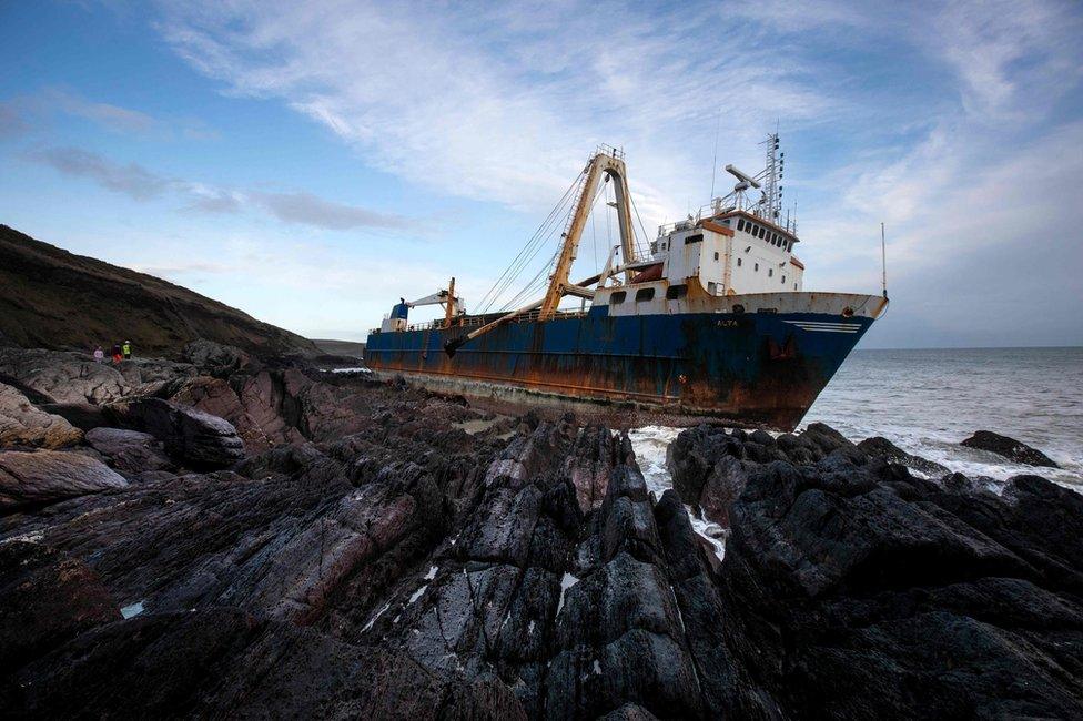 A view of the abandoned ghost ship Alta stuck on the rocks of the Irish coast