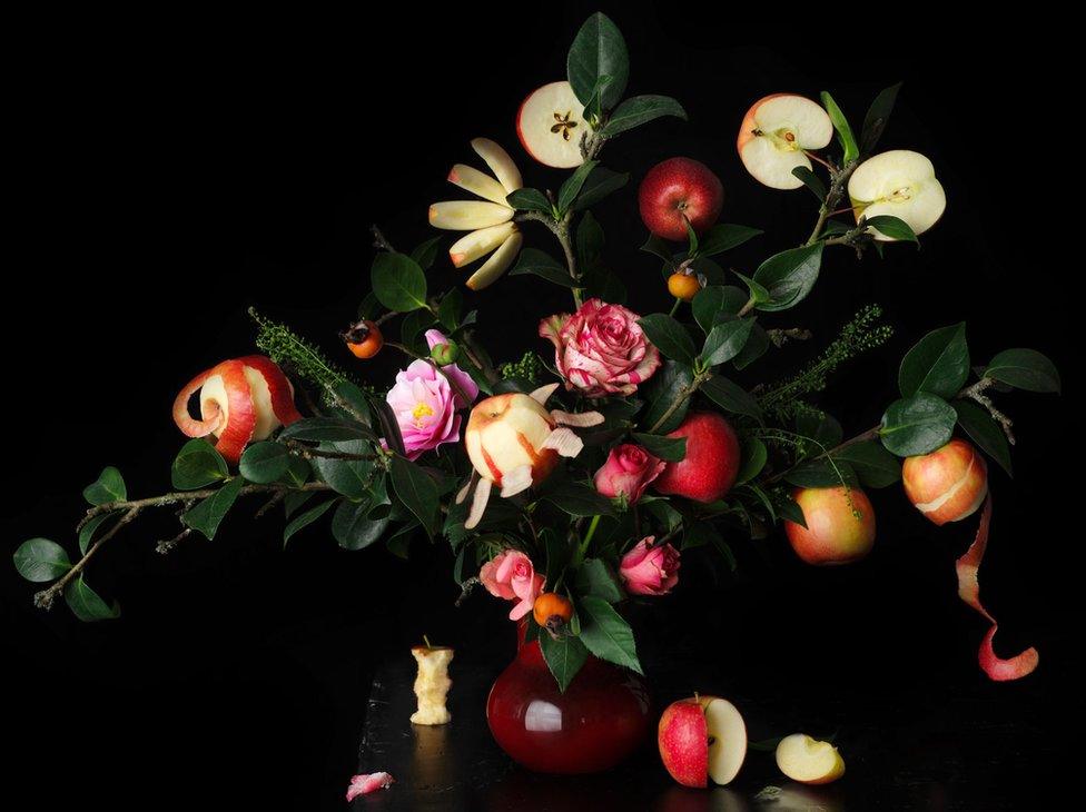 Still Life of roses and Pink Lady apples