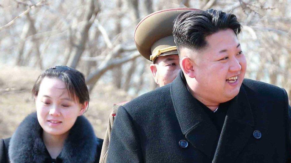 An undated picture released by the North Korean Central News Agency (KCNA) on 12 March 2015 shows North Korean leader Kim Jong-un (R) and Kim's younger sister Kim Yo-jong (L) touring a military unit on an island off the North Korean mainland near the sea border with South Korea in the East Sea