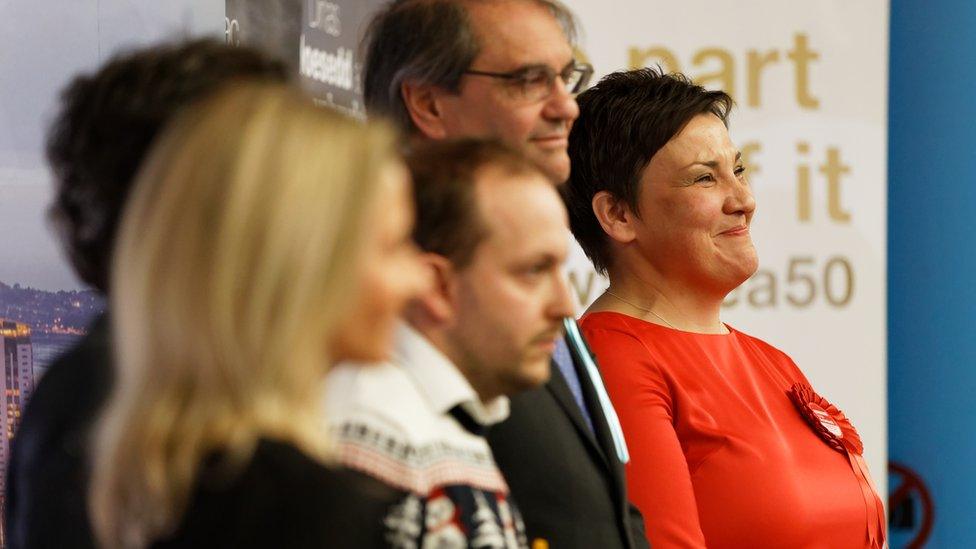 Labour's Tonia Antoniazzi celebrates being re-elected in the Gower on a night of heavy loses for the party