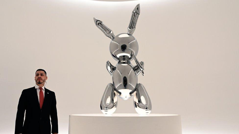 Rabbit by Jeff Koons on display ahead of its sale at Christie's Post-War and Contemporary Art