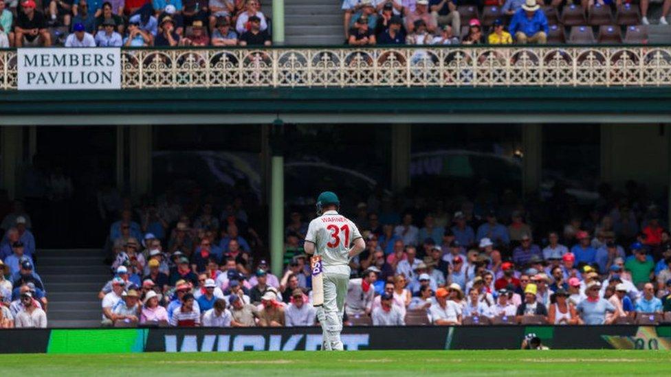 David Warner stands on field facing the crowd