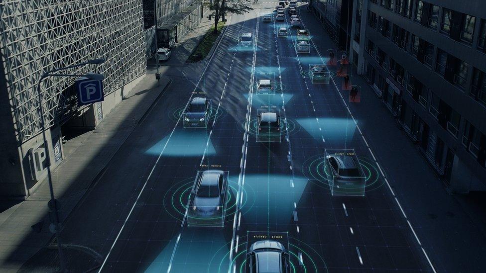 Illustration Autonomous Self Driving Cars Moving Through City. Concept: Artificial Intelligence Scans Surrounding Environment, Detecting Cars, Pedestrians, Avoids Traffic Jams and Drives Safely.