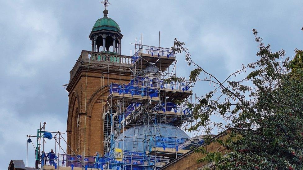 Scaffolding outside All Saints' Church