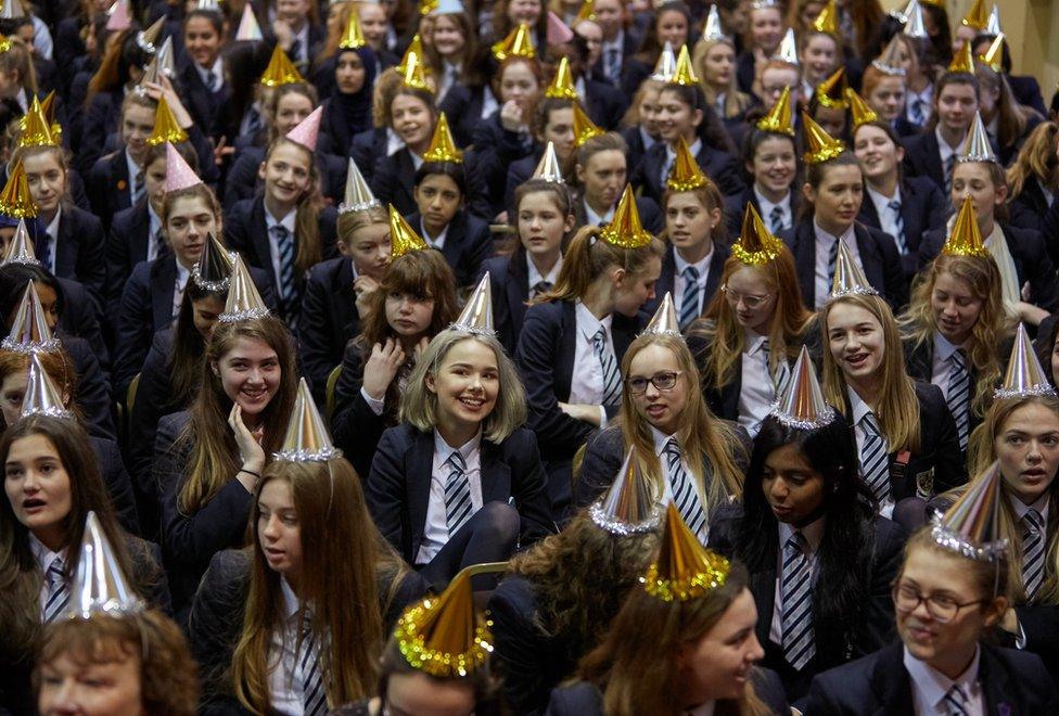 Wakefield Girls' High School girls wearing conical party hats