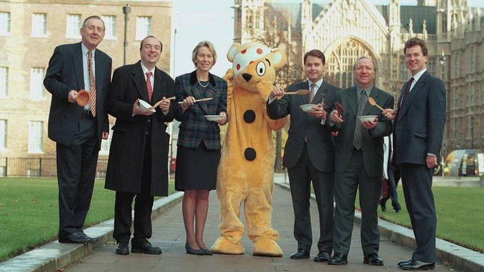 MPS, from left: Norman Baker, Peter Bottomley,and Virginia Bottomley, Pudsey Bear, and MPs Tim Loughton, David Copper, and Peter Ainsworth. Pictured in 1997