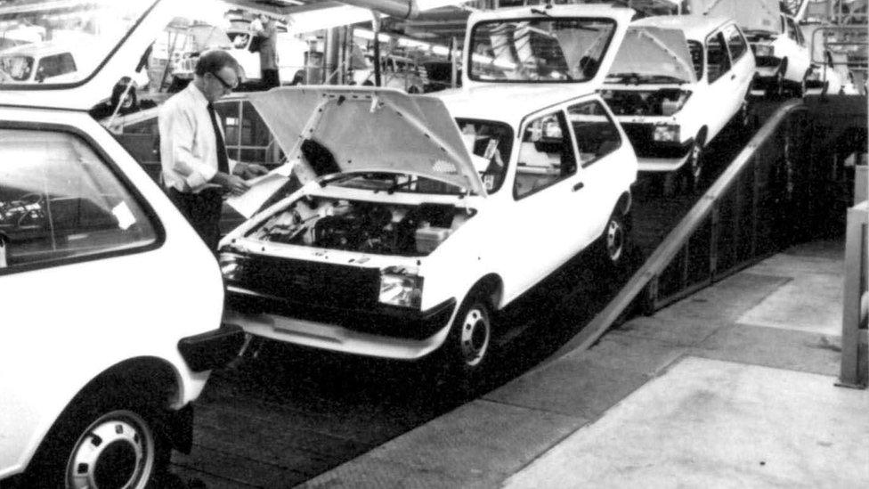 The production line at the British Leyland plant in Longbridge in 1980