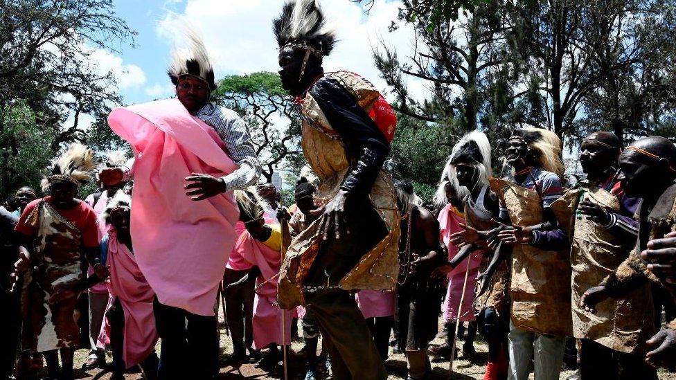 Members of Sengwer community in traditional clothing dance on Monday 7 October 2019