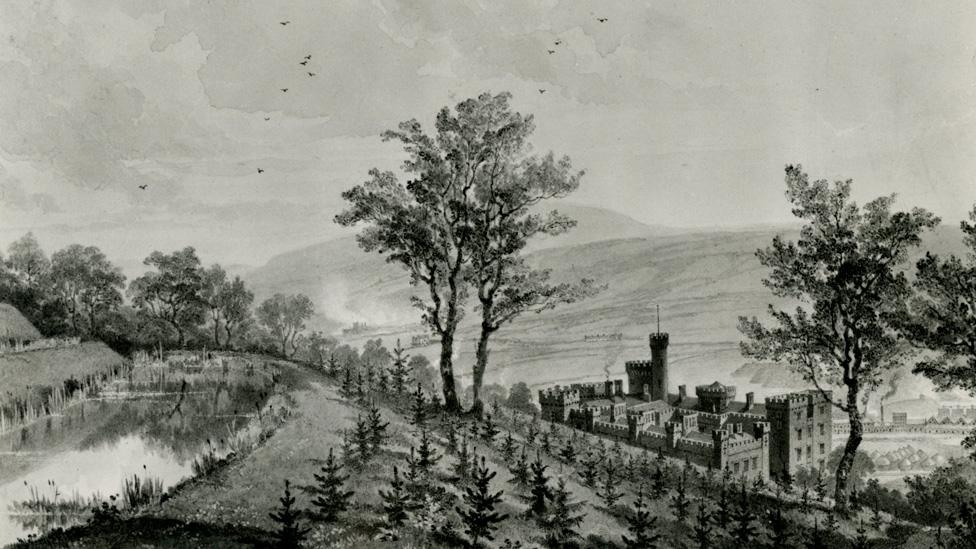 A watercolour by Penry Williams in 1825 showing Cyfarthfa Castle above Merthyr town