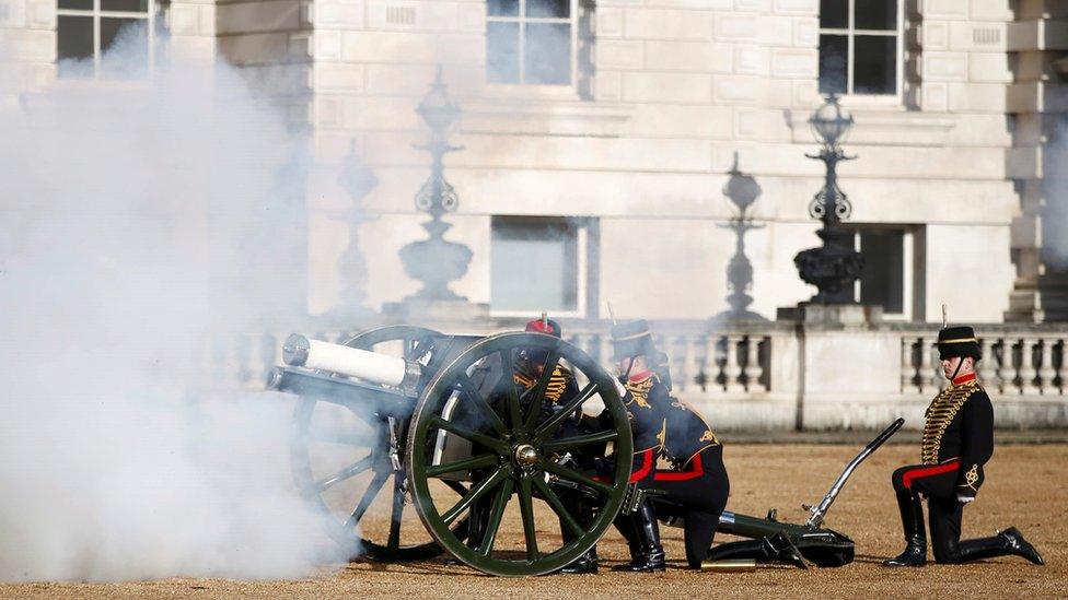 Members of the King's Troop, Royal Artillery fire on Horse Guards Parade to mark the end of the two minutes silence at the Remembrance Sunday ceremony