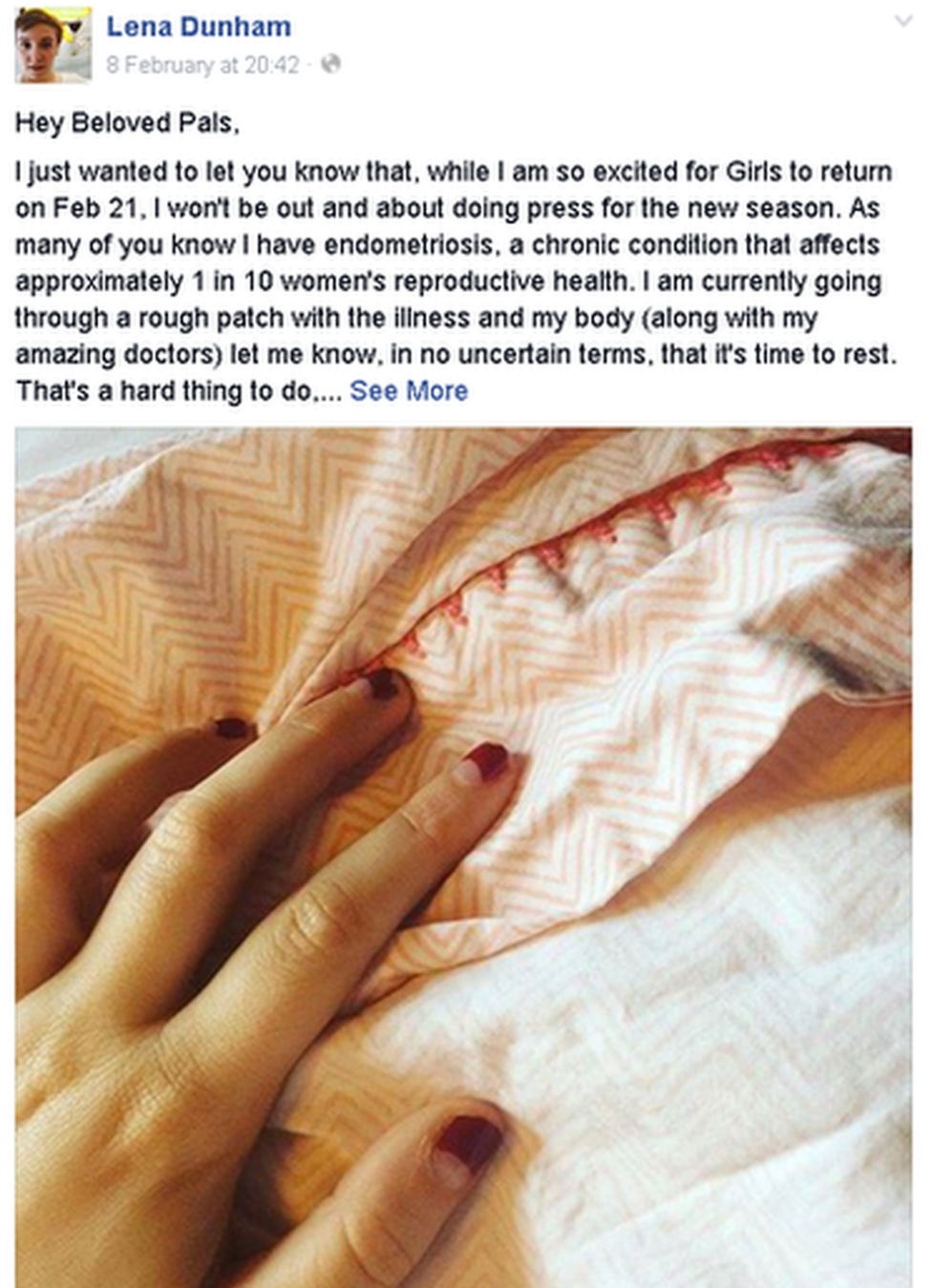 The Girls creator's Facebook post says she's going through a "rough patch" with the illness