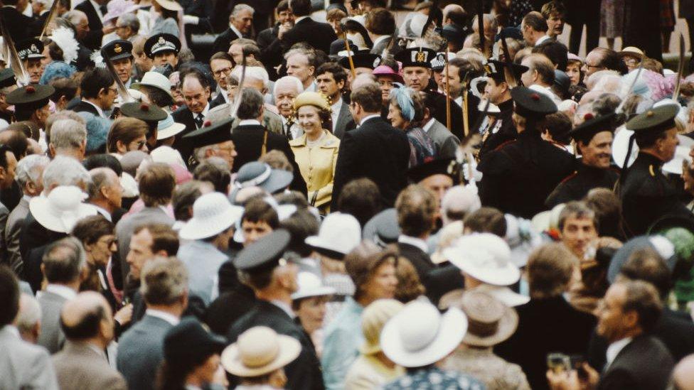 Queen Elizabeth surrounded by the crowd at an event in Glasgow on 1 July, 1983