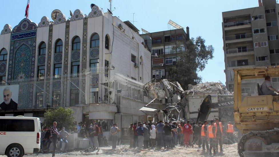 the destroyed building next to the Iranian embassy in Damascus