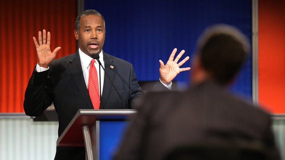 Republican presidential candidate Ben Carson participates in the Fox Business Network Republican presidential debate at the North Charleston Coliseum and Performing Arts Center on January 14, 2016 in North Charleston