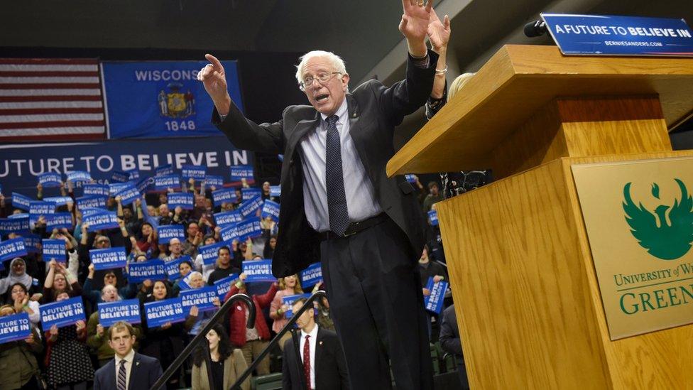 Democratic U.S. presidential candidate Bernie Sanders waves to the crowd at a campaign rally at the University of Wisconsin-Green Bay campus in Green Bay, Wisconsin April 1, 2016.