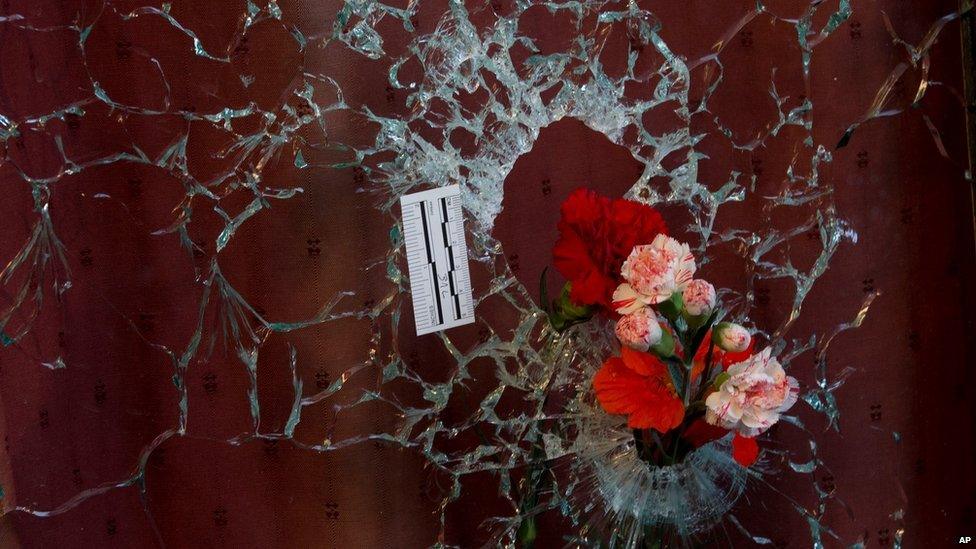 Flowers in window shattered by a bullet