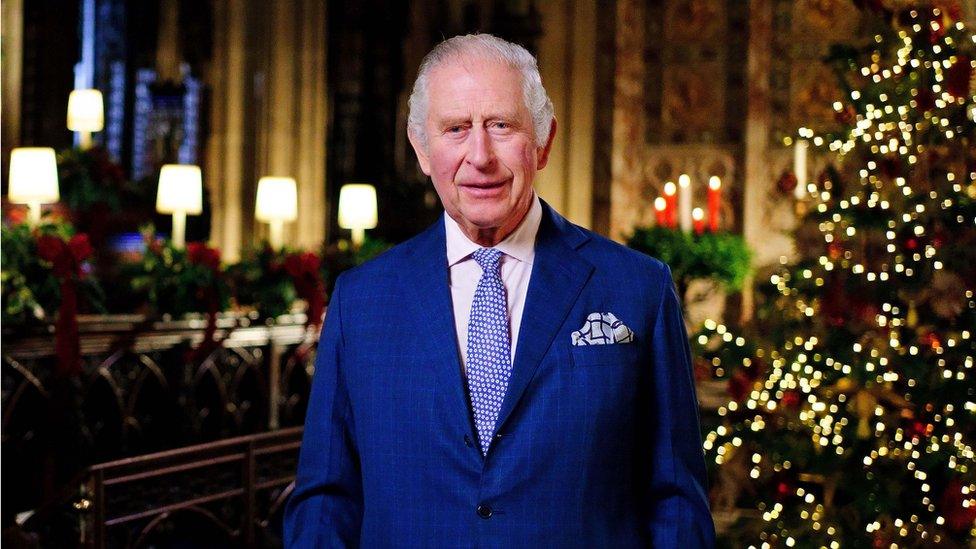 King Charles III is seen during the recording of his first Christmas broadcast in the Quire of St George's Chapel at Windsor Castle, on December 13, 2022 in Windsor, England