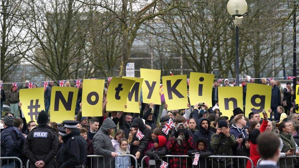 A group of anti-monarchy in the crowd in Milton Keynes