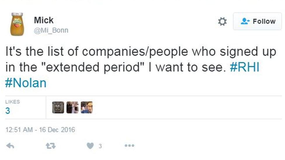 Tweet from Mick: It's the list of companies/people who signed up in the "extended period" I want to see. #RHI #Nolan