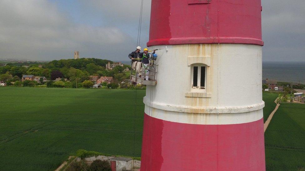 Men painting Happisburgh Lighthouse