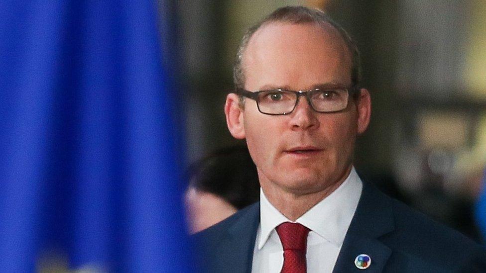 Simon Coveney, wearing a suit, looks intensely at a camera framed by the blue of an EU flag in Brussels