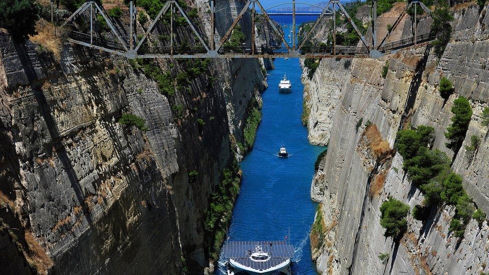 Ships pass through the Corinth canal