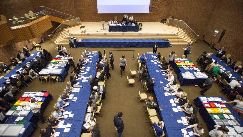 Election staff count ballot papers as a third General Election count for the Kensington seat gets underway at Kensington Town Hall in west London