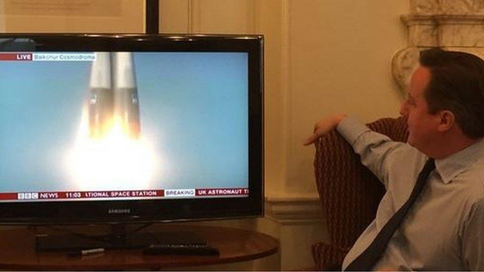 David Cameron watching the Soyuz launch on BBC News