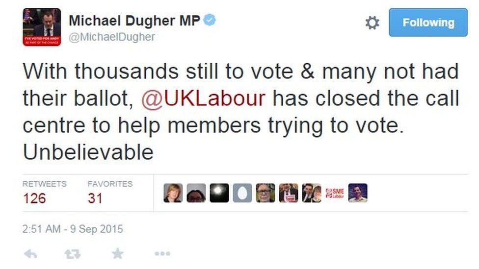 Michael Dugher tweet: With thousands still to vote & many not had their ballot, @UKLabour has closed the call centre to help members trying to vote. Unbelievable