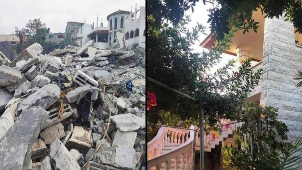 Image showing a pile of concrete and rubble on the left, and a view of the multi-storey house and courtyard before it was damaged