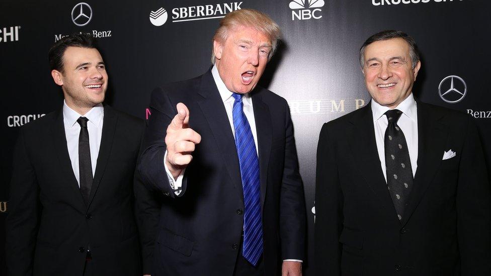 Emin Agalarov, Donald Trump and Aras Agalarov attend the red carpet at Miss Universe Pageant Competition 2013 on November 9, 2013 in Moscow