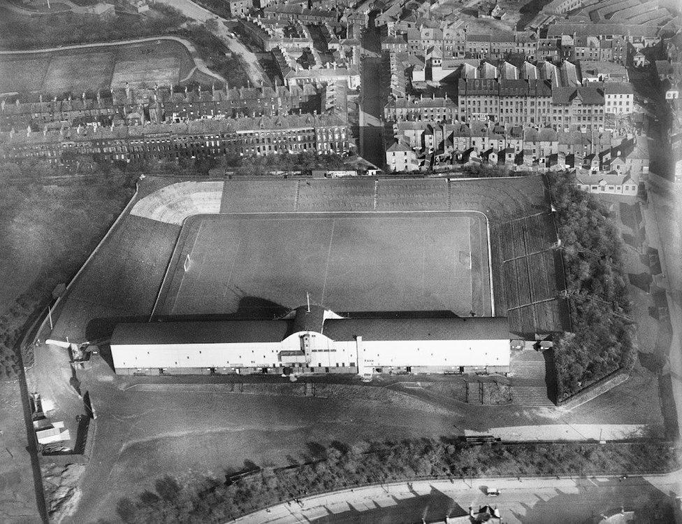 Black and white aerial view of St James' Park