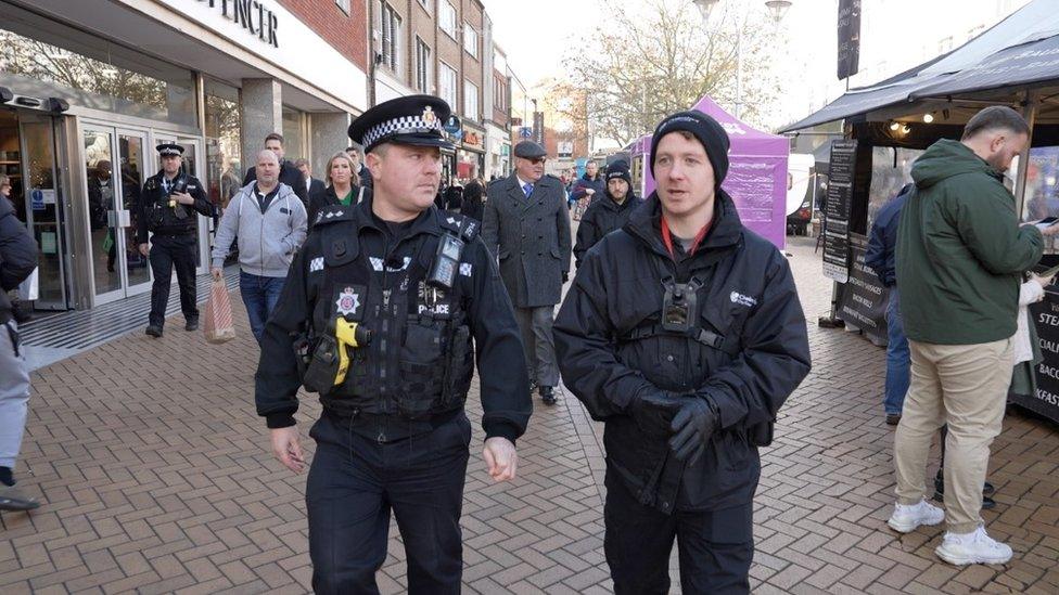 Police patrolling Moulsham Street in Chelmsford as part of anti-social hotspot crackdown