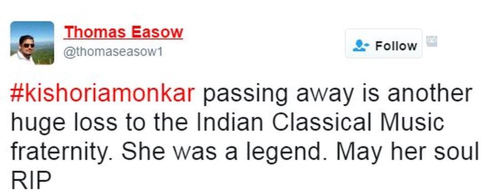 #kishoriamonkar passing away is another huge loss to the Indian Classical Music fraternity. She was a legend. May her soul RIP