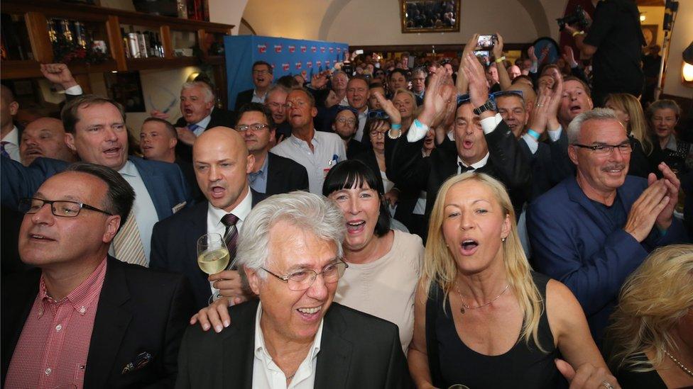 Supporters of the AfD (Alternative for Germany) celebrate at their election party in Berlin Germany, 18 September 2016.